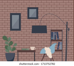 Fashionable interior in loft style. Vector illustration of a living room: brick walls, coffee table, armchair, bookcase, metal floor lamp, paintings, books, cup on the table. Brutal style indoor