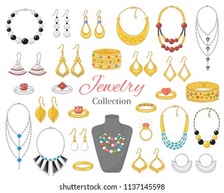 Fashionable jewelry collection, vector hand drawn doodle illustration. Woman accessories bracelets, necklaces, earrings and rings, isolated on white background.