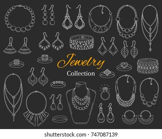 Fashionable  jewelry collection, vector hand drawn  doodle illustration. Woman accessories bracelets, necklaces, earrings and rings, isolated on chalkboard background.