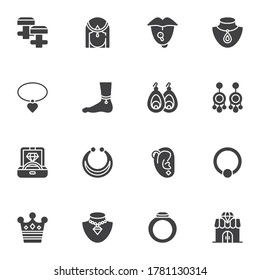 Moderne Schmuckkollektion, Vektorsymbol-Set, moderne Kollektion von festen Symbolen, gefülltes Piktogramm-Paket. Zeichen, Logo-Illustration. Set enthält Symbole wie Diamantring, Ohrringe, Accessoires