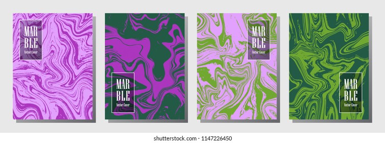 Fashionable journal layouts set. Background for binder template, corporate flyers. Annual report cover marble layouts set. Flyer, booklet, report, journal, binder vectors, title place, violet green.