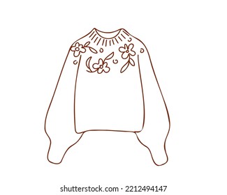 Saltador o chaqueta de moda con bordado floral. Doodle, ilustración dibujada a mano aislada en fondo blanco