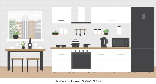 Fashionable kitchen interior with various furniture and electronic gadgets. Brick wall on background. Kitchen room, part of home. Window with plant and table, no people. flat vector illustration