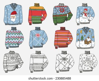  Fashionable knitted  cozy Sweaters,pullover set on Sketchy style. Autumn ,winter ,spring  wear.Male hipster Fashion illustrations.Vector.