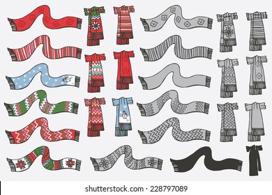  Fashionable knitted  scarf set on Sketchy style. Autumn ,winter ,spring  wear.Fashion illustrations.Vector.