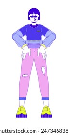 Fashionable korean woman power pose 2D linear cartoon character. Confident asian female hands on hips isolated line vector person white background. Fashion influencer color flat spot illustration