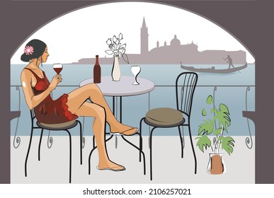 Fashionable lady enjoying a glass of wine in Venice