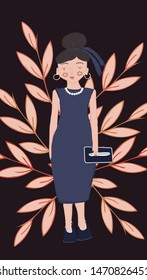 Fashionable lady in evening dress with pearl necklace and earrings on the floral background. Retro design for t-shirt, phone cases, invitation, wallpaper and greeting cards.
