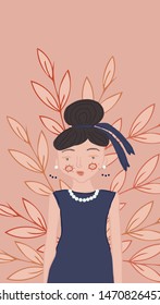 Fashionable lady in evening dress with pearl necklace and earrings on the floral background. Retro design for t-shirt, phone cases, invitation, wallpaper and greeting cards.
