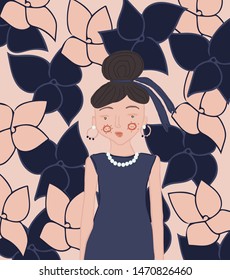 Fashionable lady in evening dress with pearl necklace and earrings on the floral background. Retro design for t-shirt, phone cases, invitation, wallpaper and greeting cards.