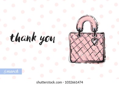 Fashionable leather handbag with motivational text: thank you. Fashion accessory illustration in trendy soft colors for beauty salon, shop, blog print. Isolated symbol on white background.