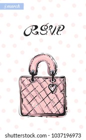 Fashionable leather handbag with motivational text: rsvp. Fashion accessory illustration in trendy soft colors for beauty salon, shop, blog print. Isolated symbol on white background.