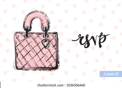 Fashionable Leather Handbag With Text: Rsvp. Fashion Accessory Illustration In Trendy Soft Colors For Beauty Salon, Shop, Blog Print. Isolated Symbol On White Background.