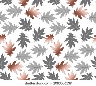 Fashionable leaves gray and pink gold foliage seamless pattern vector graphic design. Textile print with oak leaves foliage stylish illustration. Premium fabric print.
