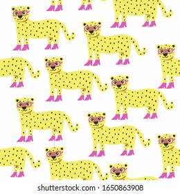 Fashionable leopard cartoon, in pink glasses and shoes. Isolated vector, geometric seamless pattern on a white background. For printing on textiles, clothing, gift wrap, children's wallpaper.