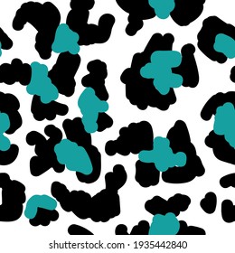 Fashionable leopard or cheetah seamless pattern of fur with black and blue spots. Abstract texture or decorative background or print, modern trendy camouflage. Vector in flat style illustration