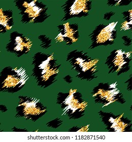 Fashionable Leopard Seamless Pattern. Stylized Spotted Leopard Skin Background with Golden Glitter for Fashion, Print, Wallpaper, Fabric. Vector illustration