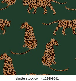 Fashionable leopard skin seamless pattern. Modern wild animal silhouette repeat illustration. Stylized spotted vector texture. Creative print on green background. For fashion, fabric, tile, wallpaper