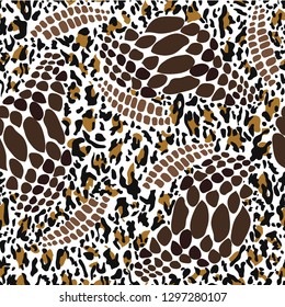 Fashionable leopard, snake skin seamless pattern. Mix wild animal skin print. Trendy texture with brown, black and white. Modern repeat illustration. Stylized spotted vector. For fashion, fabric, tile