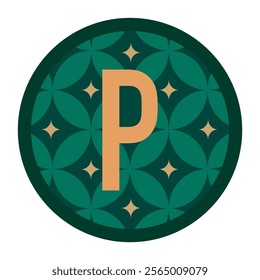 A fashionable letter P badge featuring a circular floral-inspired pattern in green and gold. Ideal for elegant branding and creative design projects.