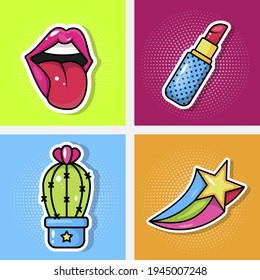 Fashionable lip patches, lipstick, star, cactus. Vector illustration isolated on a colored background.