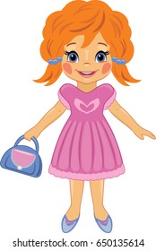 Fashionable little girl with a bag. Cartoon drawing. Vector