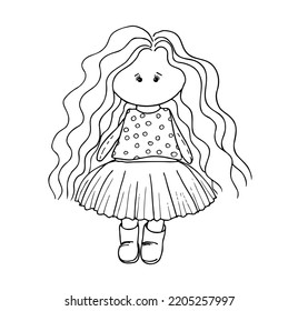 Fashionable little girl. Textile doll. Doll coloring book isolated on white background
