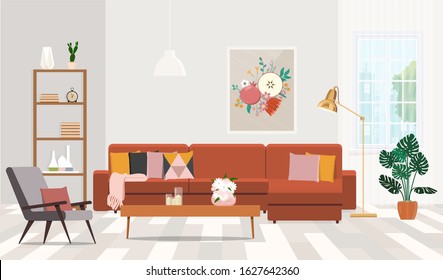 Fashionable living room interior with brown corner sofa with cushions and a painting on the wall