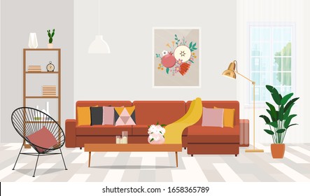 Fashionable living room interior with brown corner sofa with cushions and a painting on the wall