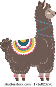 Fashionable llama character in pyjamas, glasses, camp concept and vector illustration on white background. Beautiful and playful herbivore animal, cheerful llama with big ear. Flat style.