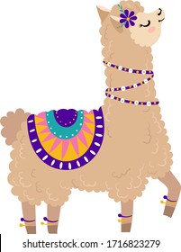 Fashionable llama character in pyjamas, glasses, camp concept and vector illustration on white background. Beautiful and playful herbivore animal, cheerful llama with big ear. Flat style.