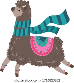 Fashionable llama character in pyjamas, glasses, camp concept and vector illustration on white background. Beautiful and playful herbivore animal, cheerful llama with big ear. Flat style.
