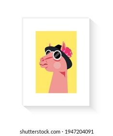 Fashionable llama in a hat with a peony flower on his head and in sunglasses. modern style vector illustration. Poster design for print, covers, wallpapers, stories and web. 