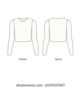 Fashionable long sleeve tank top illustration, vector. Technical drawing of long sleeves, front and back views. Outline vector drawing of a short top with long sleeves.