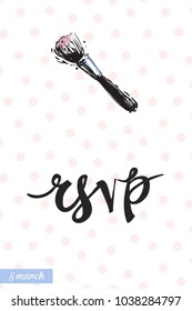 Fashionable makeup brush with motivational text: rsvp. Fashion accessory illustration in trendy soft colors for beauty salon, shop, blog print. Isolated symbol on white background.