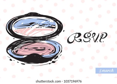 Fashionable makeup powder with motivational text: rsvp. Fashion accessory illustration in trendy soft colors for beauty salon, shop, blog print. Isolated symbol on white background.