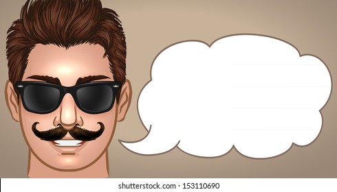 Fashionable male character wearing sunglasses with speech bubble - vector illustration.