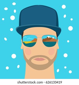 Fashionable man with beard, wearing mirrored sunglasses and a cap in summer. Vector illustration. Closeup