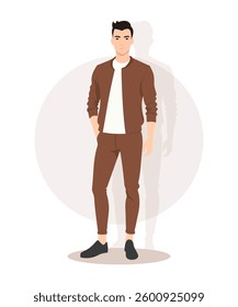 Fashionable Man in a Brown Jacket and Beige Pants with an Autumn Aesthetic