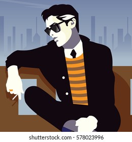 Fashionable man with a cigarette. Pop art illustration.