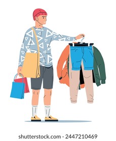 Hombre de moda sosteniendo paquetes con ropa. Hombre Caucásico De Moda Después De Comprar. Chico elegante en Versiones cortas, manga larga y bolso de compras. Personaje masculino en ropa casual. Ilustración vectorial plana