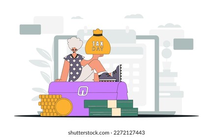 A fashionable man holds a bag of taxes in his hand. An illustration demonstrating the correct payment of taxes.