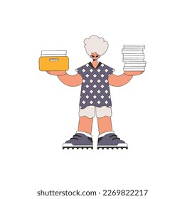 Fashionable man holds stacks of documents in his hands.