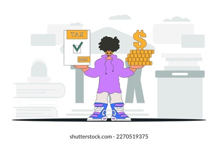 A fashionable man holds a tax form and coins in his hands. An illustration demonstrating the importance of paying taxes for economic development.