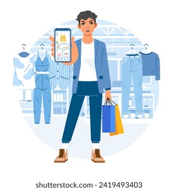 Fashionable man male guy at mall show Online mobile app on phone shopping clothing store shop 