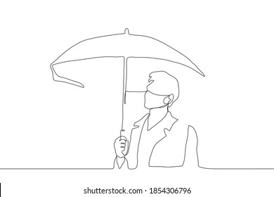 fashionable man in a mask stands and holds an open umbrella above him. one line drawing of a man in a raincoat / coat standing under an umbrella