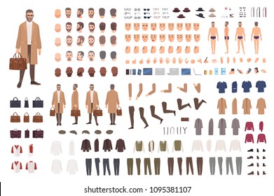 Fashionable man of middle ages constructor or DIY kit. Set of male cartoon character body parts, facial expressions, gestures, clothes, accessories isolated on white background. Vector illustration