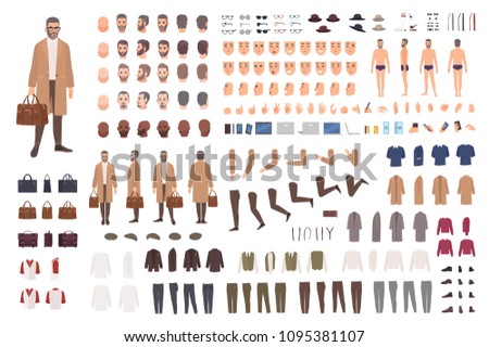 Fashionable man of middle ages constructor or DIY kit. Set of male cartoon character body parts, facial expressions, gestures, clothes, accessories isolated on white background. Vector illustration
