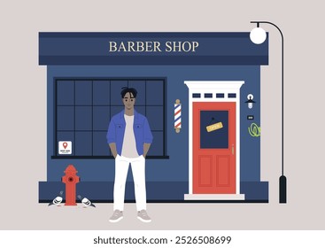 A fashionable man with a relaxed posture awaits outside a barbershop, which boasts a bright red door and striking symbols of grooming, capturing the energy of a lively street