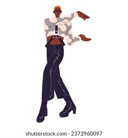 Fashionable man in sunglasses perform vogue. Performer dancing contemporary, modern dance, move hands. Dancer wearing trendy outfit, high heels. Flat isolated vector illustration on white background